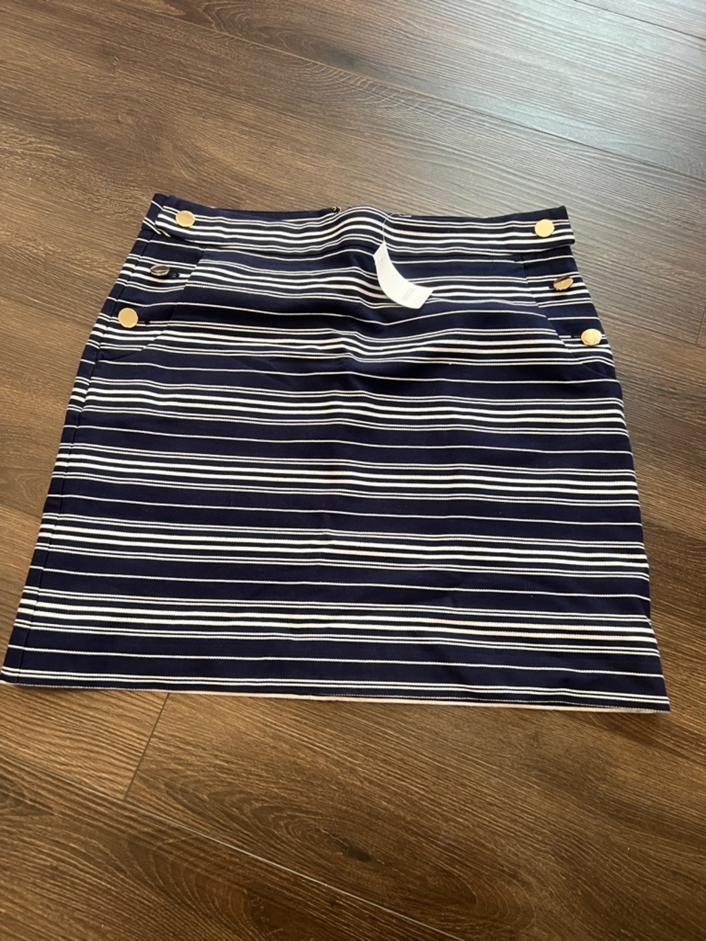 LOFT Navy and White Striped Mini Skirt with Gold Button Detail